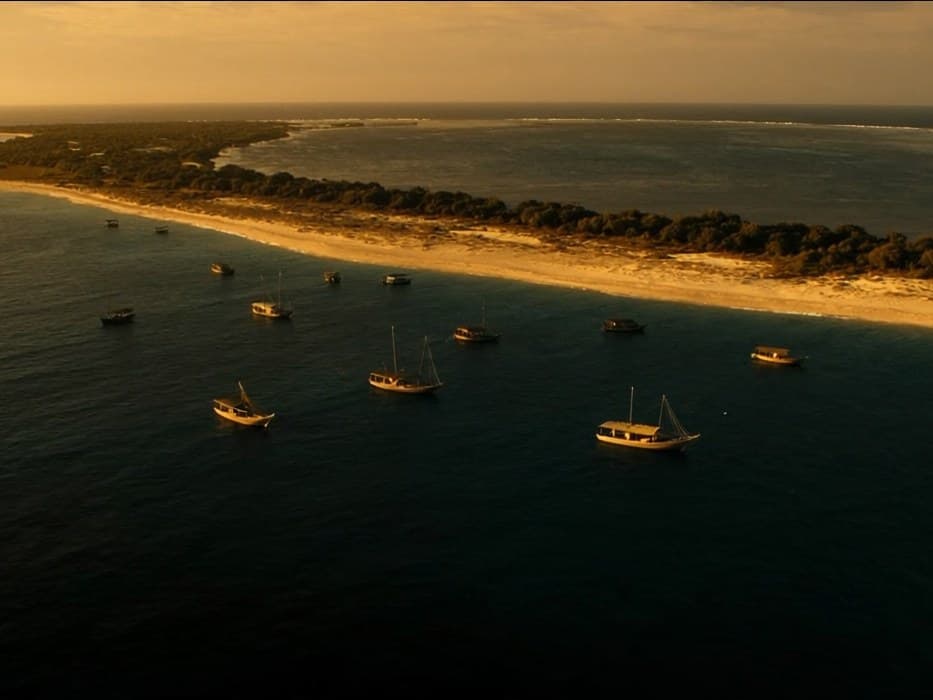 Dhows anchored off a golden sandbar at sunset, Lamu archipelago
