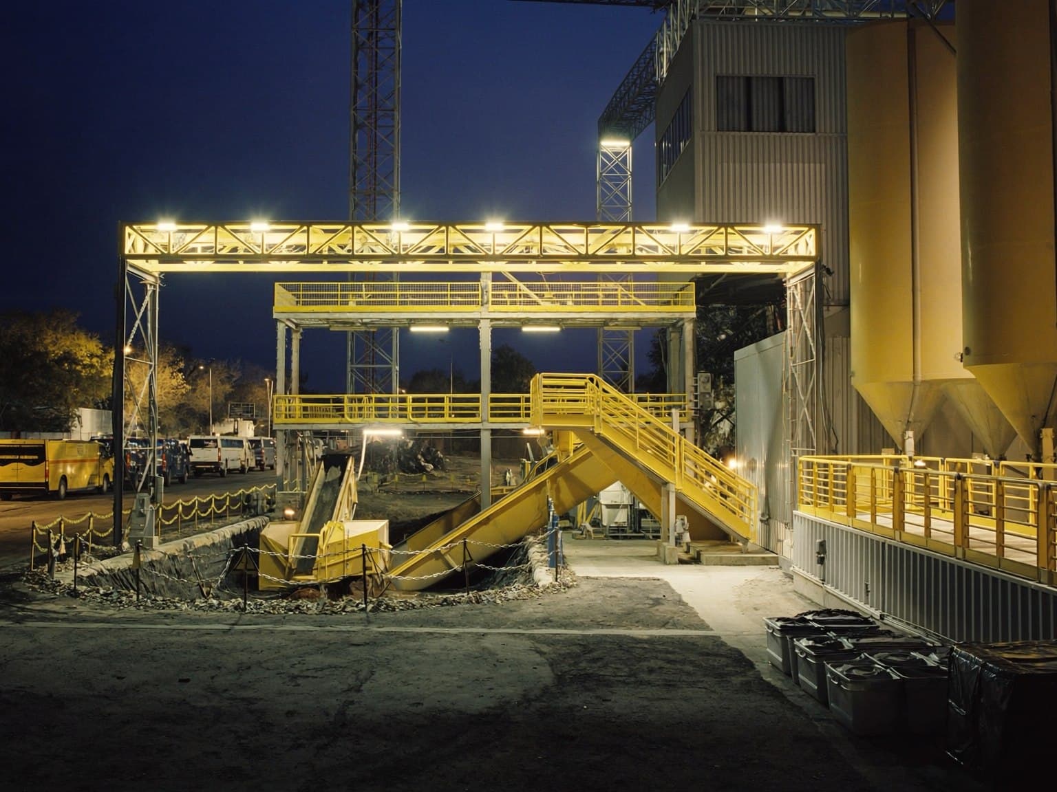Industrial materials recovery facility at night