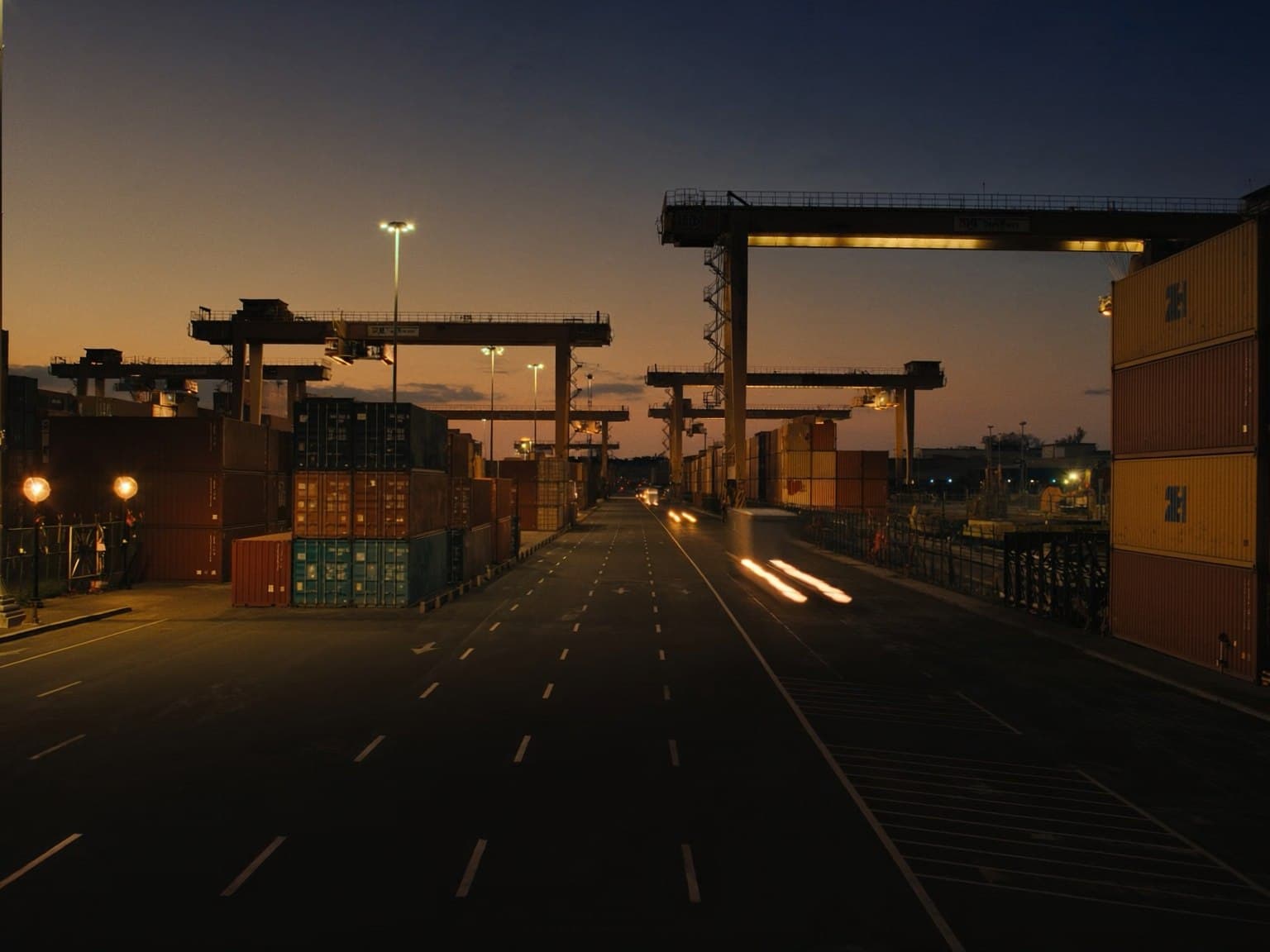 Port access road with container gantry cranes at dusk